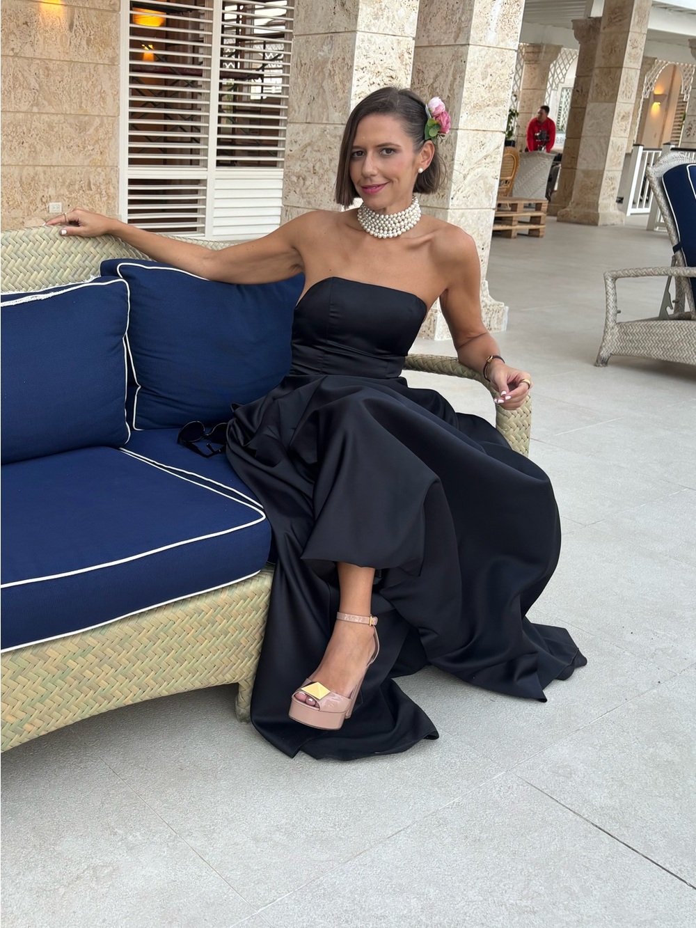 Strapless Black Satin A-Line Evening Dress - Picture 2 of 7